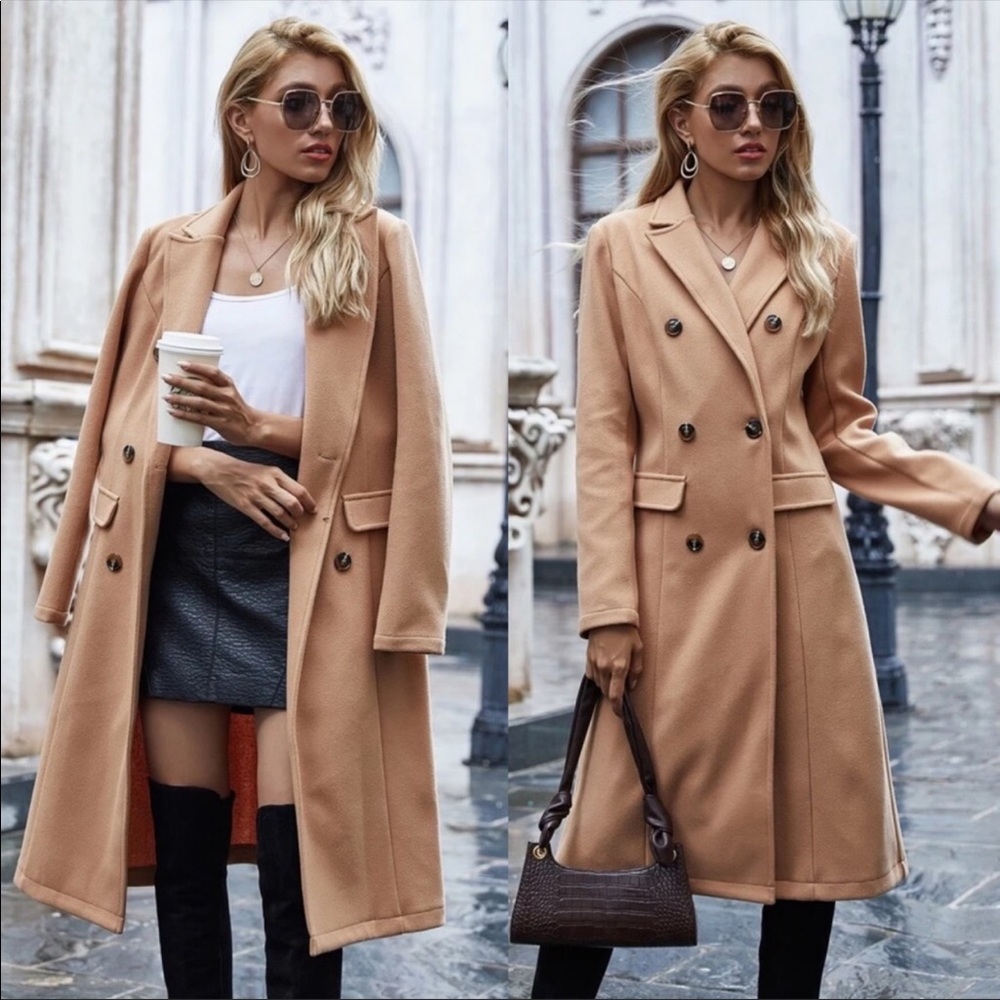 Camel Trench Coat Double Breast Buttons - Brown/Tan